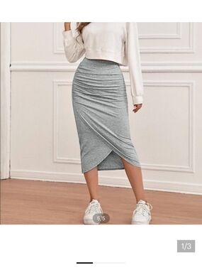 SHEIN Light Gray Ruched Wrap Midi Skirt
